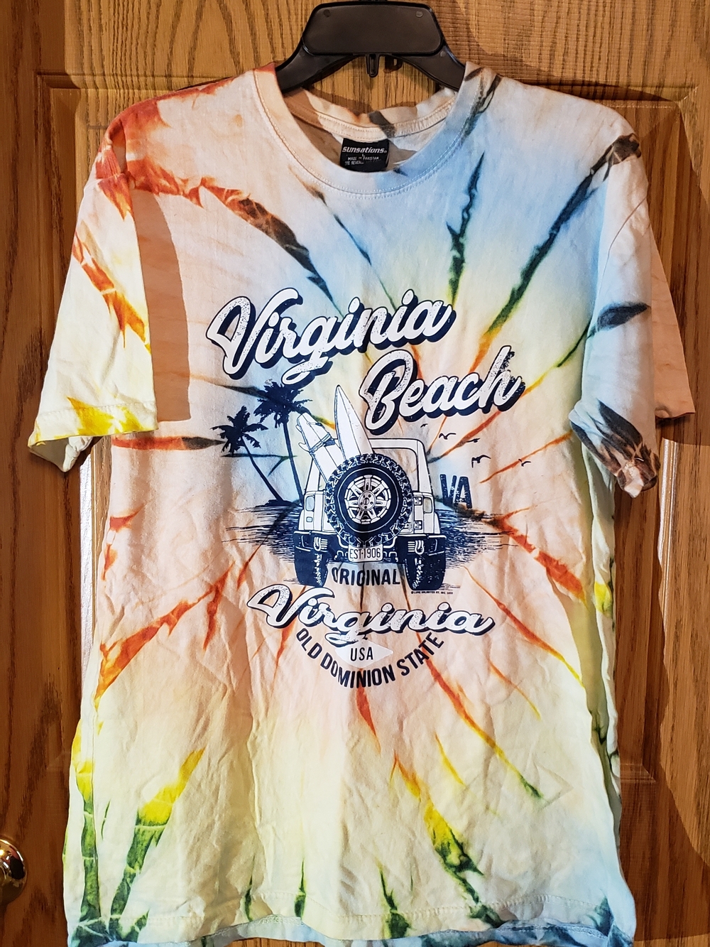 Virginia Beach Tie-Dye Short Sleeve Tee - Multicolor Beach Graphic. Large. Vtg
